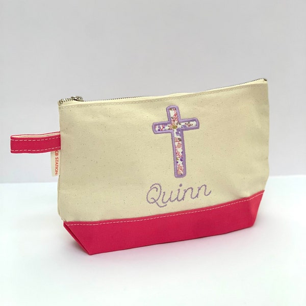 Canvas bag appliquéd with cross and name - baptismal gift - baby gift - Christening gift