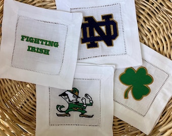Embroidered Linen Cocktail Napkins - Notre Dame Fighting Irish - Set of 4