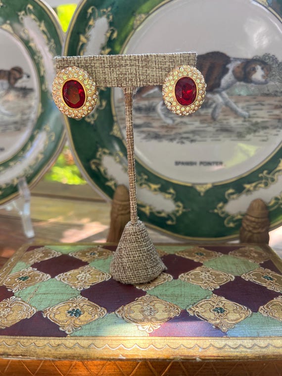 Vintage ruby red rhinestone oval stud earrings by… - image 10