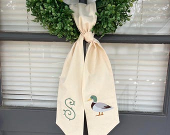 Embroidered Mallard Duck Linen Wreath Sash - Personalized Initial Decor