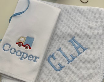 Baby blanket and truck burp cloth set / Embroidered monogrammed personalized with cotton baby blanket and burp with embroidered truck