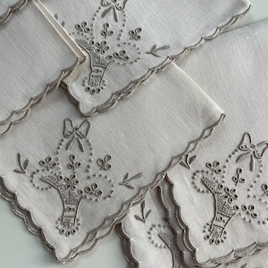 Vintage Ecru Linen Cocktail Napkins: Embroidered Floral Basket, Set of 8
