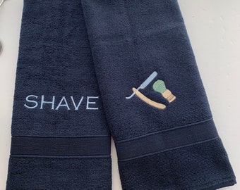 Navy Blue Shave towels - towels with SHAVE and shaving items on them