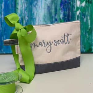 Personalized canvas bag with Name embroidery design done in the Katy Font  - personalized canvas cosmetic bag - baby gift - graduation gift