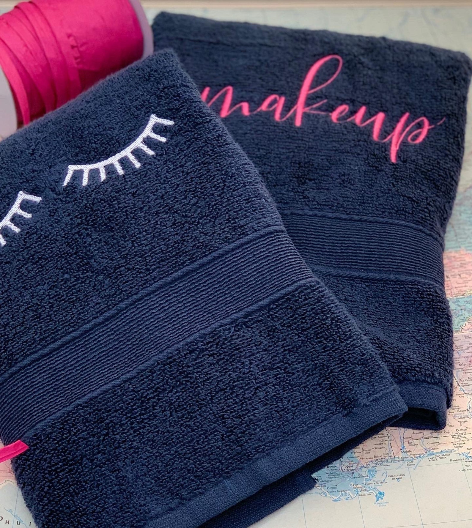 Pair Navy Blue Makeup Towel With Makeup Embroidery Etsy