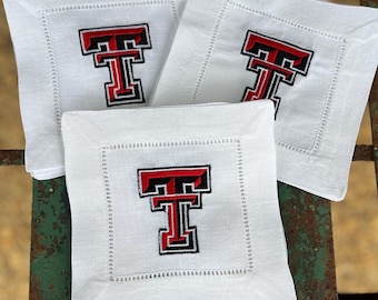 Embroidered Linen Cocktail Napkins: Texas Tech - Set of 4 napkins