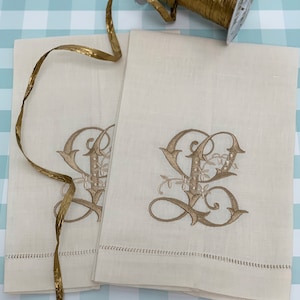 Linen hand towels embroidered monogrammed personalized with single letter in two color monogram - Wedding Gift - Bridal Shower - Hostess