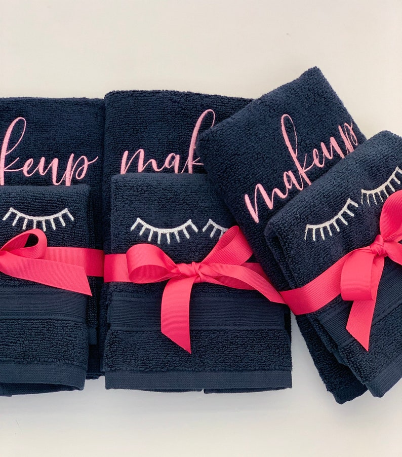 Pair Navy Blue Makeup Towel With Makeup Embroidery Etsy