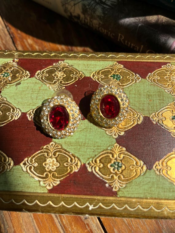 Vintage ruby red rhinestone oval stud earrings by… - image 7