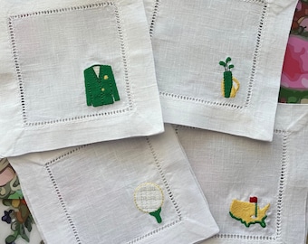 Golf cocktail napkins - set of four napkins Linen Cocktail Napkins embroidered with golf motifs