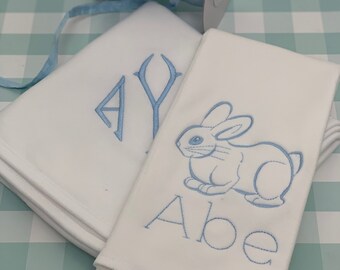 Baby blanket and burp cloth set Embroidered monogrammed personalized with monogrammed cotton baby blanket and burp with rabbit