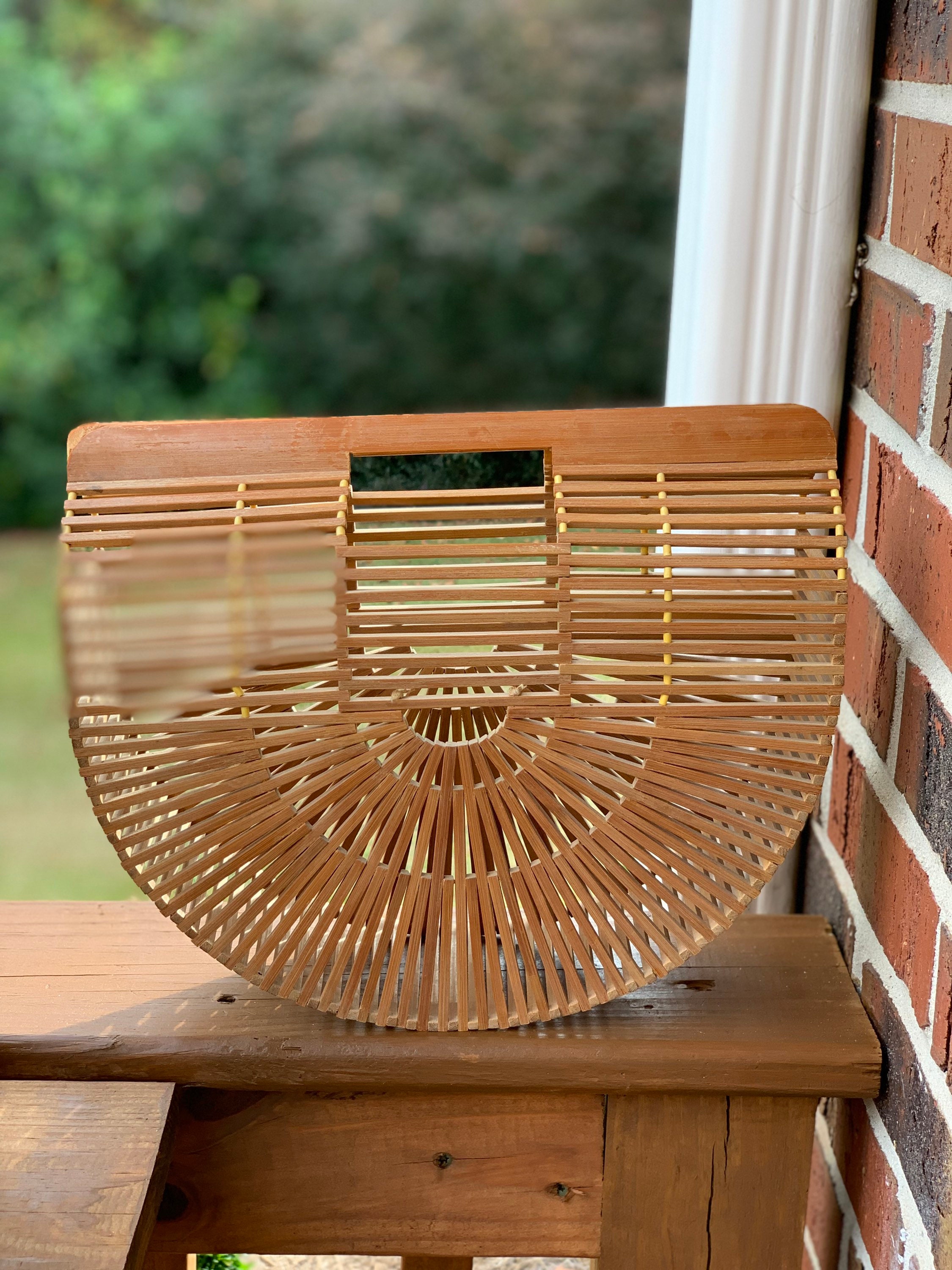 Bamboo Half Moon Slatted Purse Bohemian Top Handle Cage Bag Etsy
