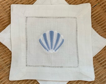 Embroidered Seashell Linen Cocktail Napkins - Set of Four