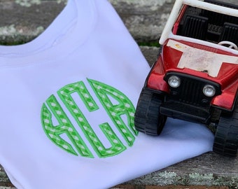 Appliquéd Circle monogram child's shirt with gingham appliqué - tshirt - tee shirt with applique gingham font