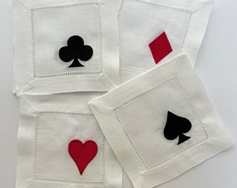 Bridge card game - Poker napkins set of Four Linen Cocktail Napkins embroidered with Heart - Spade - Club - Diamond