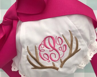 Antlers diaper cover / Embroidered / Monogrammed / Personalized baby bloomers / diaper covers / monogram and antlers