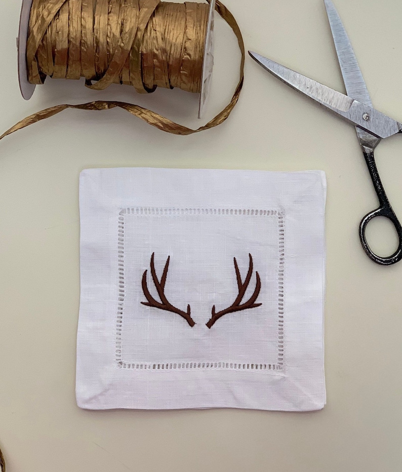Lilly & Grace Embroidered Antler Linen Cocktail Napkins