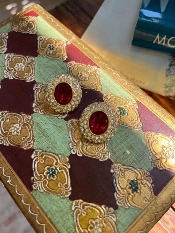 Vintage ruby red rhinestone oval stud earrings by… - image 9