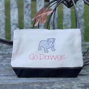 Bulldog Canvas pouch - embroidered canvas cosmetic bag / embroidered with a bulldog and Go Dawgs on the bag - Go Dawgs bag