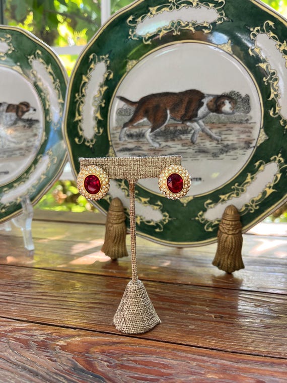 Vintage ruby red rhinestone oval stud earrings by… - image 5