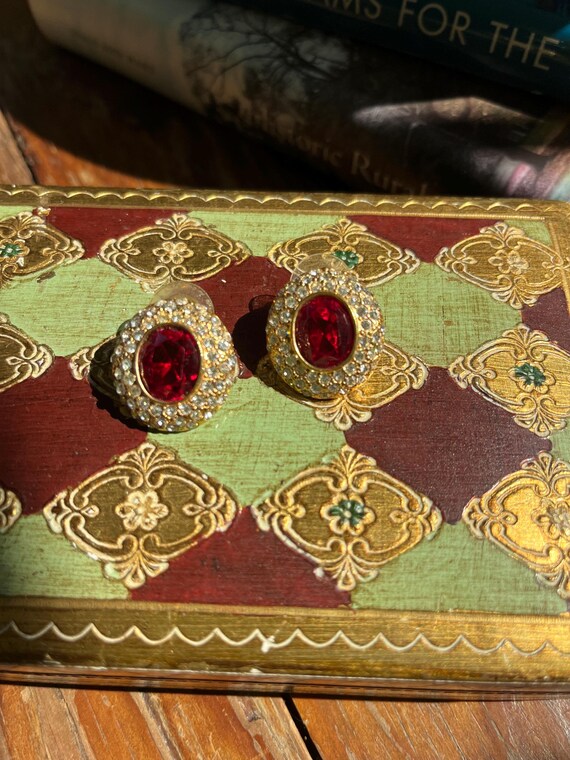 Vintage ruby red rhinestone oval stud earrings by… - image 8