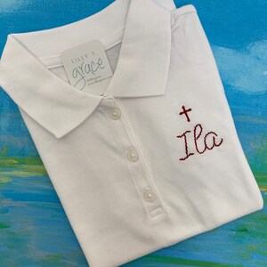 Cross Preppy Polo Shirt - Girl’s School Uniform Polo monogrammed with name and cross - personalized girl’s polo