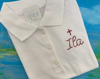 Cross Preppy Polo Shirt - Girl’s School Uniform Polo monogrammed with name and cross - personalized girl’s polo