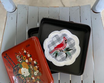 Cardinal Appliqué Linen Coasters: Embroidered Bird Cocktail Napkins
