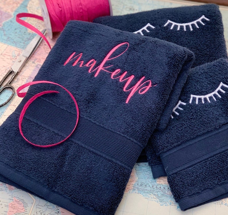 Pair Navy Blue Makeup Towel With Makeup Embroidery Etsy