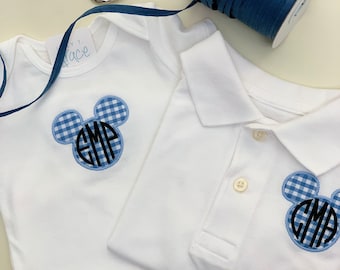 Mickey Mouse Appliqued Polo Shirt and baby bodysuit / preppy Mickey Mouse / Seersucker / Gingham / big brother / little brother