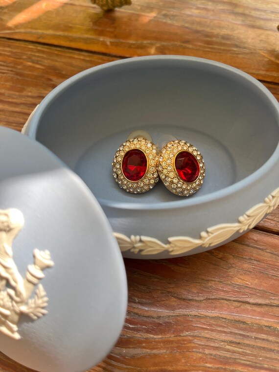 Vintage ruby red rhinestone oval stud earrings by… - image 6