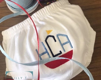 Baby boy diaper cover / Embroidered Monogrammed Personalized baby boy bloomers diaper covers with sailboat monogram