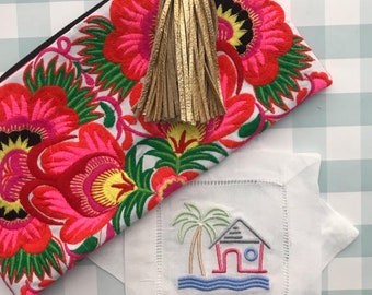 Beach Scene cocktail napkins / Four Linen Cocktail Napkins embroidered with a beach house and Palm Tree on each napkin / bar cart styling