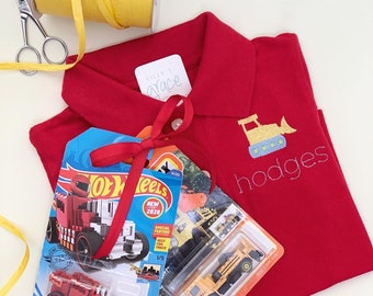 Bulldozer polo shirt - polo with bulldozer embroidery - personalized toddler polo with coordinating Matchbox cars - Hotwheels