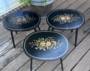L. Hitchcock Vintage Black stenciled Floral Oval Tables