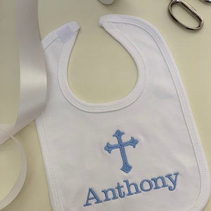 Cross bib / Monogrammed personalized bib with cross and name baptismal bib christening bib pink cross bib blue cross bib image 2