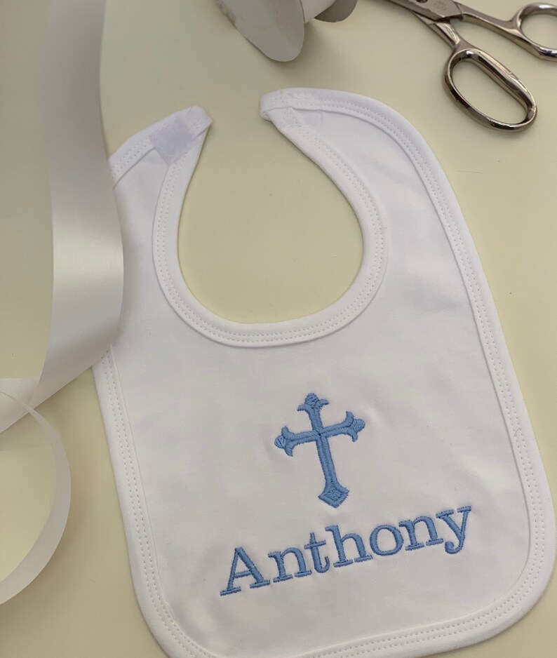 Cross bib / Monogrammed personalized bib with cross and name baptismal bib christening bib pink cross bib blue cross bib image 2