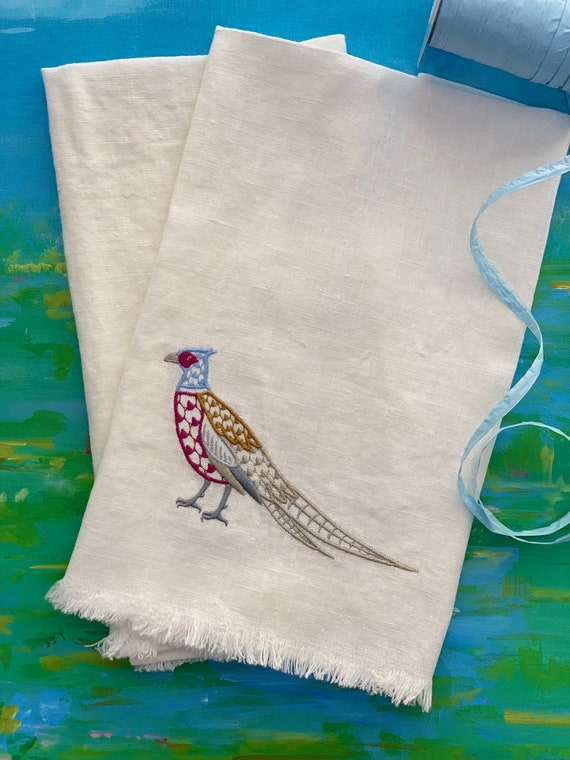 Pheasant Linen Hand Towel With Fringe Embroidered Personalized