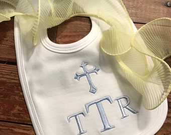 Cross bib / Monogrammed personalized bib with cross and name baptismal bib christening bib pink cross bib blue cross bib