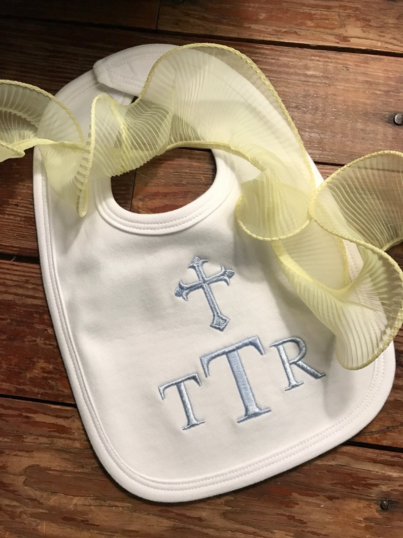 Cross bib / Monogrammed personalized bib with cross and name baptismal bib christening bib pink cross bib blue cross bib image 1