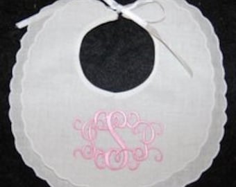 Personalized Embroidered Linen Baby Bib: Monogrammed Tie Closure