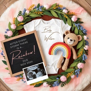 Digitale zwangerschapsaankondiging regenboog baby, regenboogbaby onderweg, social media baby onthullen, genderneutraal sjabloon, IVF regenboogbaby
