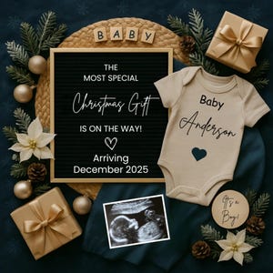 Christmas Baby Boy Announcement, Blue Bow Pregnancy Reveal, December Baby Reveal, It&#39;s a Boy Digital Template, Winter Editable Canva