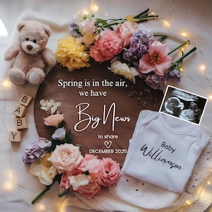 Anuncio de embarazo de primavera editable, anuncio de embarazo de primavera digital, la primavera está en el aire, embarazo digital de primavera, embarazo digital