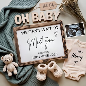 Faire-part de grossesse garçon numérique, grossesse bébé garçon vert neutre, gardant un secret, petit ours en peluche, faire-part de grossesse numérique bohème