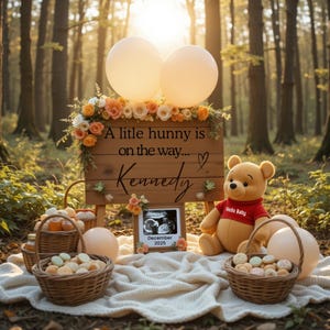 Winnie the Pooh Schwangerschaftsankündigung Digitale Babyankündigung bearbeitbare Social-Media-Vorlage, geschlechtsneutrale Enthüllung, kleine Hunny