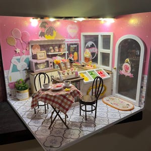 handmade ice cream shop diorama with lighting - all pieces secured