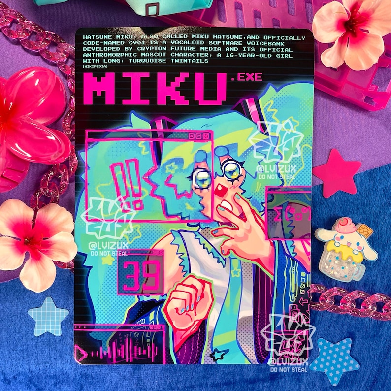 Op de afbeelding: Een digitale illustratie van Hatsune Miku, een populaire Japanse virtuele zangeres, in een kleurrijke, gepixelde stijl. De afbeelding heeft een blauw en groen kleurenschema met roze accenten. De tekst "MIKU.EXE" wordt weergegeven in een roze gepixelde lettertype.