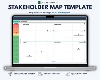 Stakeholder Map Excel Template | Influence Interest Matrix, Priority Score & Stakeholder Analysis