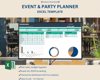 Excelイベント＆パーティープランナー – 予算トラッカー、ゲストリスト、ダッシュボード、出欠確認概要 – マクロ不要